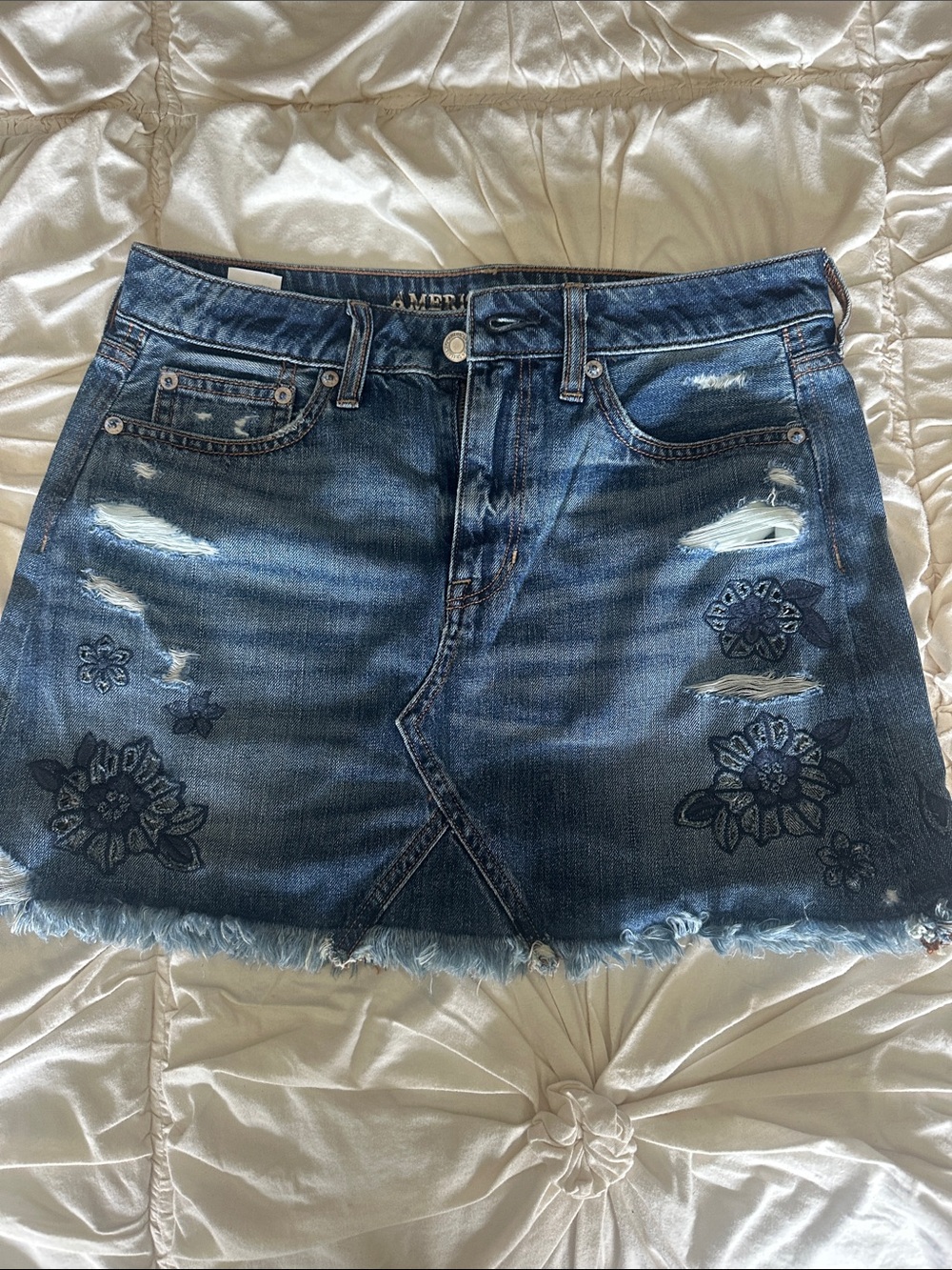 American Eagle Outfitters Distressed Embroidered Denim Mini Skirt - Blue